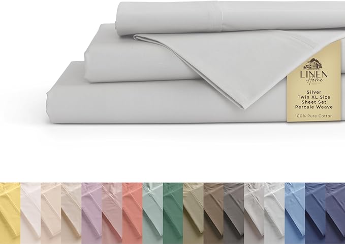 100% Cotton Percale Sheets Twin XL Size, Silver, Deep Pocket, 4 Pieces Sheet Set - 1 Flat, 1 Deep Pocket Fitted Sheet and 2 Pillowcases, Crisp Cool and Strong Bed Linen - LeafyLoom