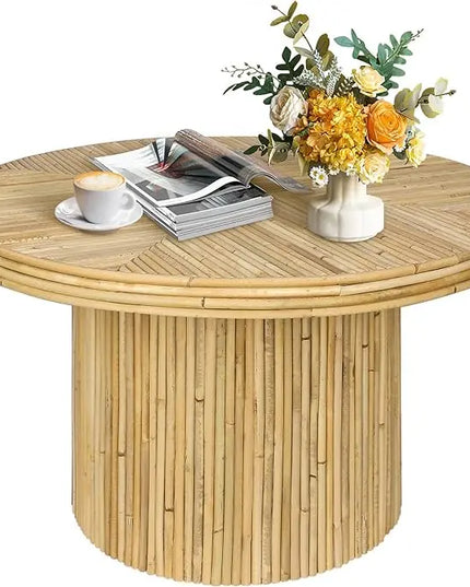 Round Coffee Table, Small Rattan Coffee Table, Mid Century Modern Coffee Table, Boho Circle Coffee Table, Tea Table, Unique Fluted Coffee Table, Rustic Center Table for Living Room - LeafyLoom