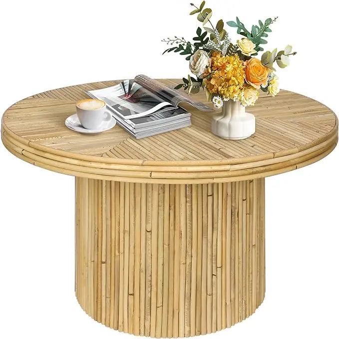 Round Coffee Table, Small Rattan Coffee Table, Mid Century Modern Coffee Table, Boho Circle Coffee Table, Tea Table, Unique Fluted Coffee Table, Rustic Center Table for Living Room - LeafyLoom