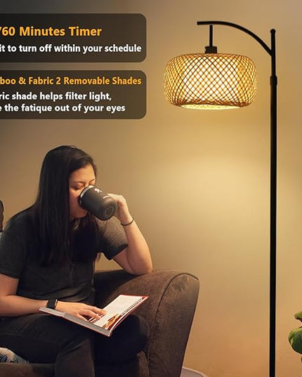 Arc Floor Lamps, Bamboo Floor Lamp with Remote & Dimmable LED Bulb, Boho Rattan Pole Lamps with Bamboo & Fabric Shades, Rustic Standing Lamps for Living Room Bedroom Tall Reading Light - LeafyLoom
