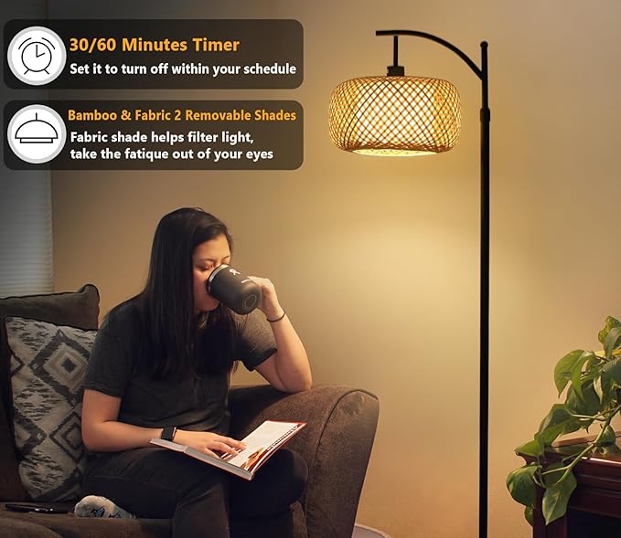 Arc Floor Lamps, Bamboo Floor Lamp with Remote & Dimmable LED Bulb, Boho Rattan Pole Lamps with Bamboo & Fabric Shades, Rustic Standing Lamps for Living Room Bedroom Tall Reading Light - LeafyLoom