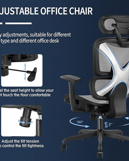 GABRYLLY Ergonomic Office Chair, Mesh Desk Chair with Lumbar Support, Adjustable 3D Arms, Reclining, Headrest & Large Seat - Big and Tall Ergonomic Chair for Home Office Work(Grey) - LeafyLoom