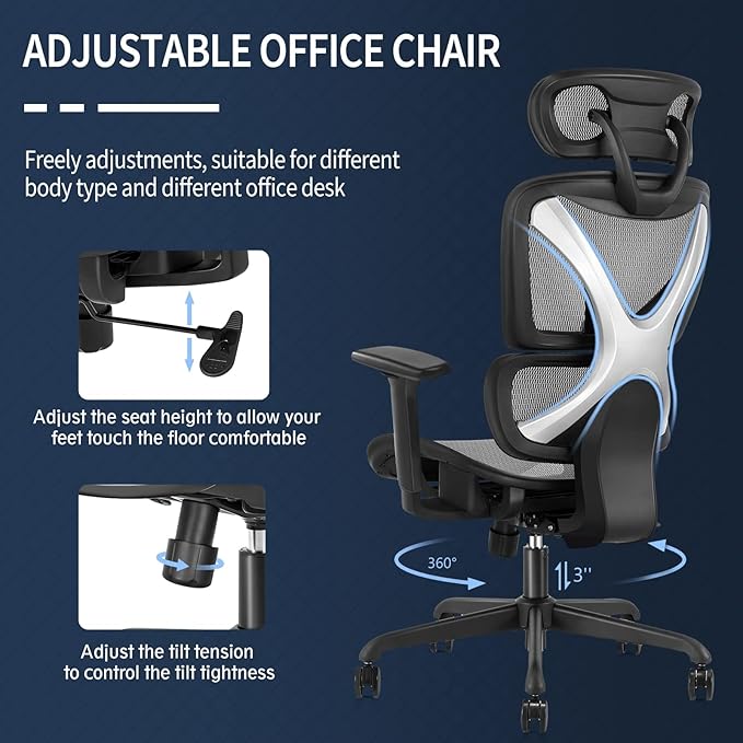GABRYLLY Ergonomic Office Chair, Mesh Desk Chair with Lumbar Support, Adjustable 3D Arms, Reclining, Headrest & Large Seat - Big and Tall Ergonomic Chair for Home Office Work(Grey) - LeafyLoom
