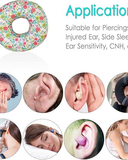 Piercing Pillow Ear Pillows Floral Print Donut with Hole for Ear Pain CNH, Piercing, Pain Relief Sleeping, Pressure Sore, Side Sleepers, Headphones (Camellia) - LeafyLoom