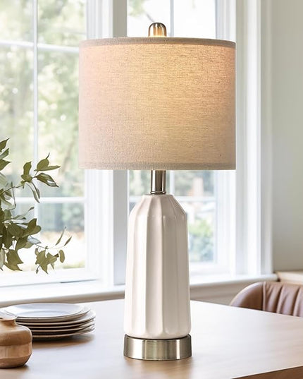20.25" - Modern Ceramic Bedside Lamp with USB C+A Charging Ports, Table Lamp for Living Room, Bedroom, Nightstand Lamp, Farmhouse Table Lamp (White)-Single - LeafyLoom