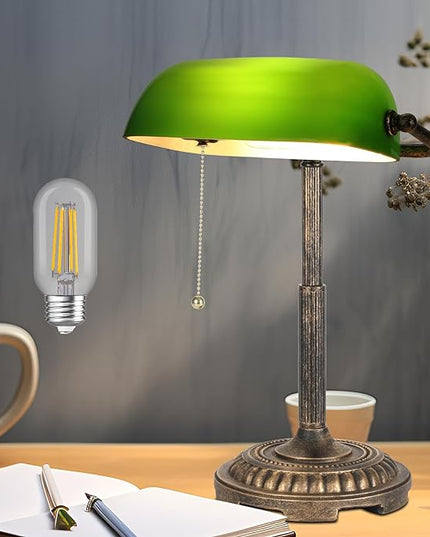 Bankers Lamp, Green Desk Lamp with Pull Switch, Vintage Table Lamps for Home Office, Library, Piano LED Bulb Included (Green) - LeafyLoom