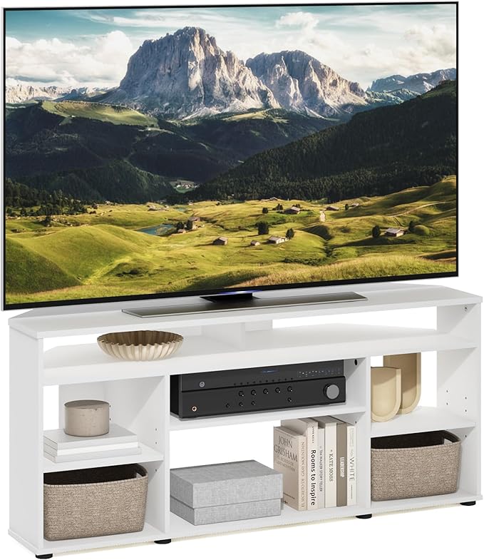 Furinno Jensen Entertainment Center, 55 Inch TV Size, White - LeafyLoom