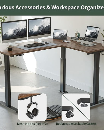 FEZIBO Triple Motor L-Shaped Electric Standing Desk, 63 Inches Height Adjustable Stand up Corner Desk, Sit Stand Workstation with Splice Board, Black Frame/Black Walnut Top - LeafyLoom
