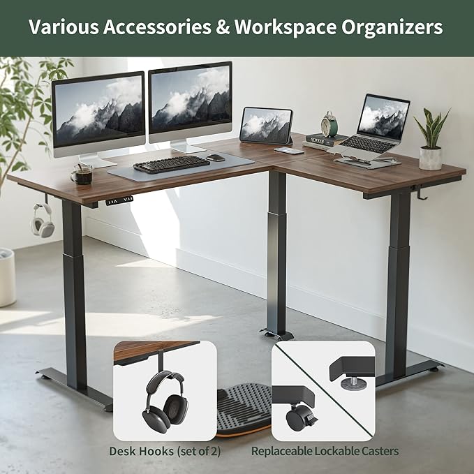 FEZIBO Triple Motor L-Shaped Electric Standing Desk, 63 Inches Height Adjustable Stand up Corner Desk, Sit Stand Workstation with Splice Board, Black Frame/Black Walnut Top - LeafyLoom