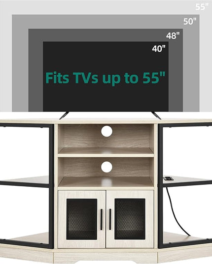 YITAHOME Corner TV Stand for TVs up to 55/50 Inch with Power Outlet, Modern Farmhouse Entertainment Center, Wood TV Media Console with Storage Cabinets Shelves for Living Room, White Oak - LeafyLoom