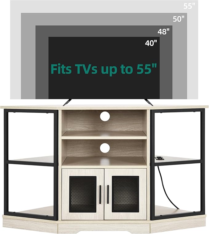 YITAHOME Corner TV Stand for TVs up to 55/50 Inch with Power Outlet, Modern Farmhouse Entertainment Center, Wood TV Media Console with Storage Cabinets Shelves for Living Room, White Oak - LeafyLoom
