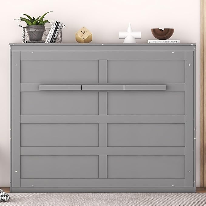 Merax ModernMurphy Cabinet Bed, Solid Wood Wall Platform Bed/No Box Spring Needed/Easy Assemble/Full,Gray - LeafyLoom