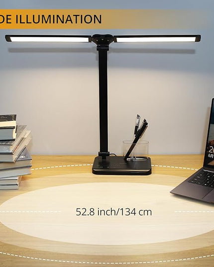 Qooltek Touch Control LED Desk Lamp, Table Lamp with 5 Color Modes Dimmable Brightness for Home Office, Dual Swing Arm USB Charging Port Desk Light, Eye-Caring Reading Light with Pen Holder, Black - LeafyLoom