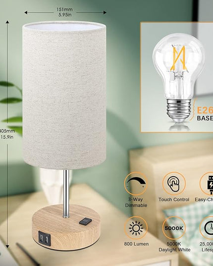 Bedside Table Lamps with 2 USB Charging Ports & AC Outlet, Set of 2 Touch Control Wooden Base Nightstand 3-Way Dimmable Lamps with Beige Fabric Shade for Bedroom, Living Room, A19 E26 Bulbs included - LeafyLoom
