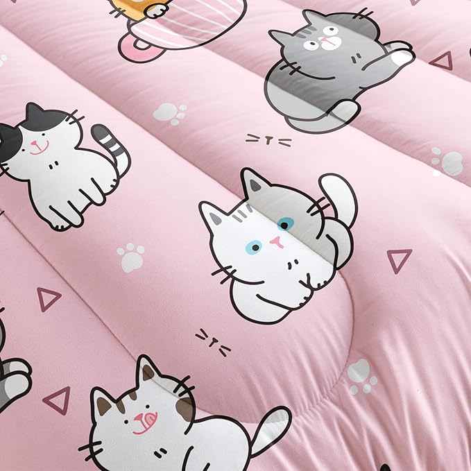 Datura home Pink Kawaii Cat Comforter Bedding Set for Girls Lovely Kitten Print Cute Animal Pattern with 1 & 2 Pillowcases Bedroom All Season(Cat Queen), Queen 90x90inches - LeafyLoom