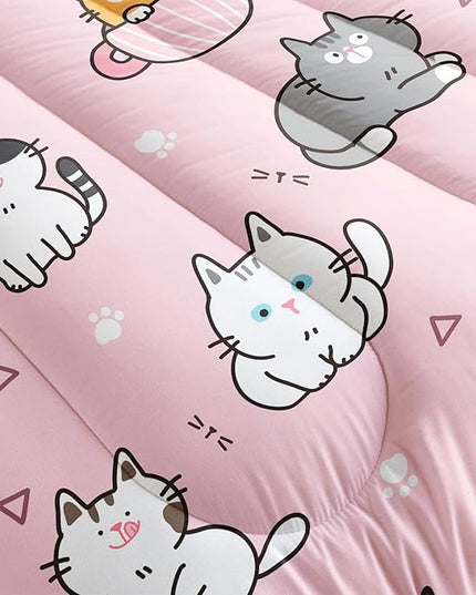 Datura home Pink Kawaii Cat Comforter Bedding Set for Girls Lovely Kitten Print Cute Animal Pattern with 1 and 2 Pillowcases Bedroom All Season(Cat Twin), Twin 68x86inches - LeafyLoom