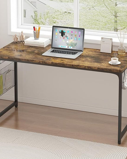 yoyomax Computer Desk, 55 Inch Home Office Desk, Wood Simple Style Student Writing Desk, Study PC Table with Storage Basket and Headphone Hooks, Rustic Brown - LeafyLoom