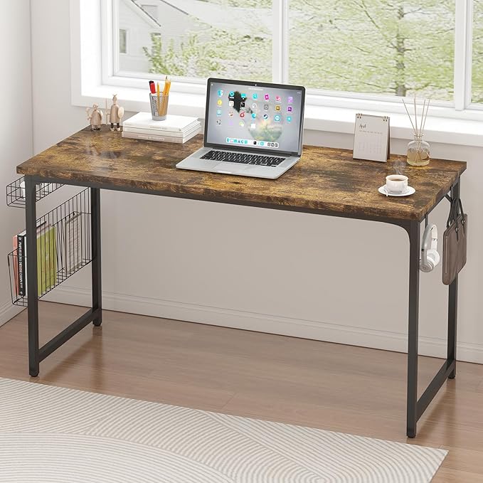 yoyomax Computer Desk, 55 Inch Home Office Desk, Wood Simple Style Student Writing Desk, Study PC Table with Storage Basket and Headphone Hooks, Rustic Brown - LeafyLoom