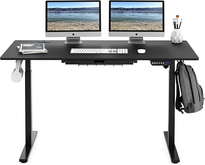SHW 55-Inch Large Electric Height Adjustable Standing Desk, 55 x 28 Inches, Black - LeafyLoom