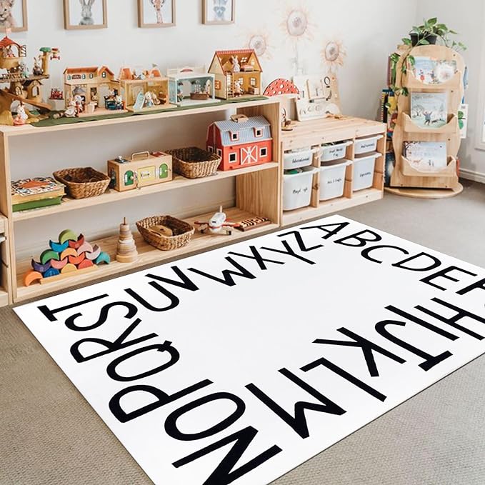 Topotdor Kids Play Rug Alphabet Nursery Area Rug Extra Large Soft Crawling Play Mat for Children Toddlers Bedroom (47x70 inch,Beige) - LeafyLoom