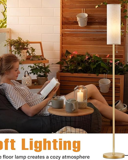 Ambimall Floor Lamp for Living Room with 3 Color Temperatures Bulb, 64" Standing lamp with Linen lampshade for Bedroom, Minimalist Pole Lamp, Beige Shade & Gold Pole - LeafyLoom