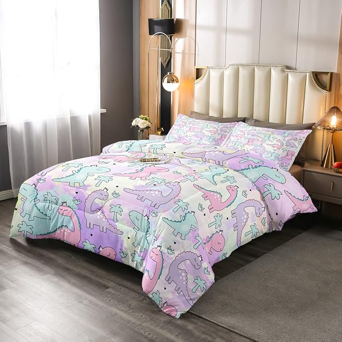 Erosebridal Dinosaur Comforter Set Full Size, Kawaii Dinosaur Bedding Sets for Kids Girls Boys Gift Bedroom Decor, Cartoon Cute Animals Duvet Set,Palm Leaf Down Comforter, Green Purple Pink - LeafyLoom