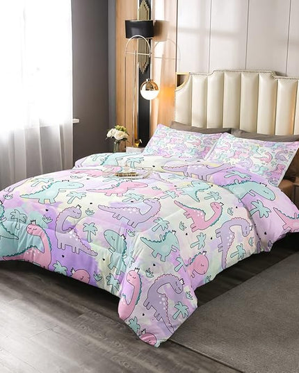 Erosebridal Dinosaur Comforter Set Twin Size, Kawaii Dinosaur Bedding Sets for Kids Girls Boys Gift Bedroom Decor, Cartoon Cute Animals Duvet Set,Palm Leaf Down Comforter, Green Purple Pink - LeafyLoom