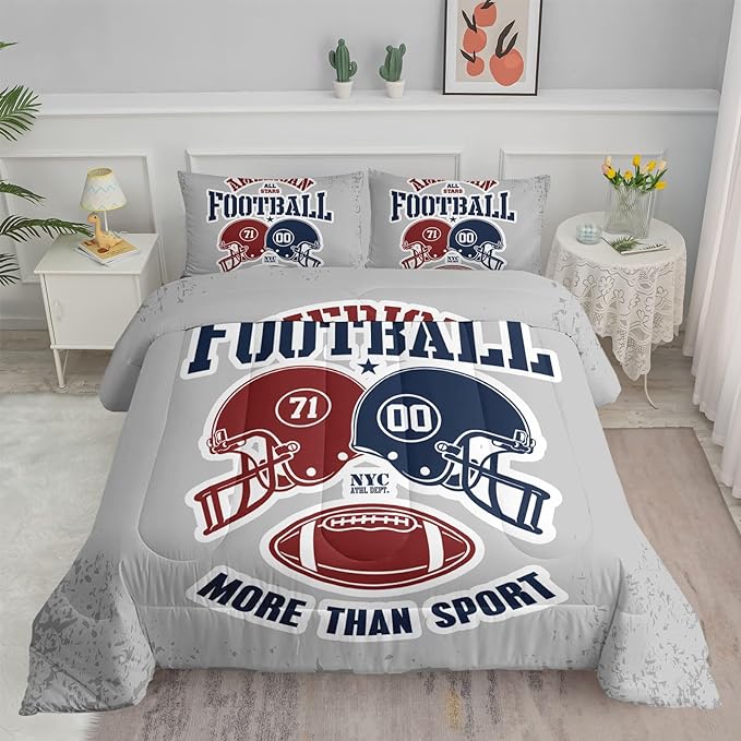 Datura home American Football Comforter Set Vintage Grey American Football Printed Quilt Bedding Set with 1 Comforter and 2 Pillowcases for Boys and Girls Bedroom All Season(Football Grey Queen) - LeafyLoom