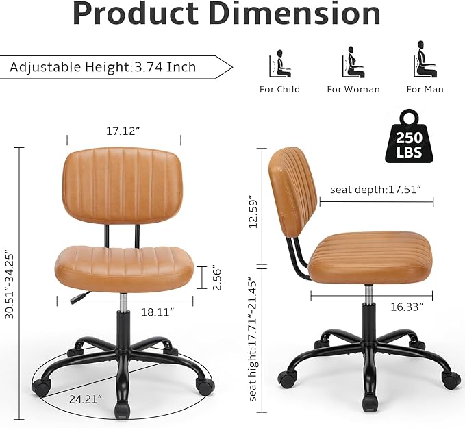 DUMOS Armless Home Office Chair Ergonomic Desk with Comfy Low Back Lumbar Support, Height Adjustable PU Leather Computer Task with 360° Swivel Wheels, for Small Space, Kids and Adults, Brown - LeafyLoom