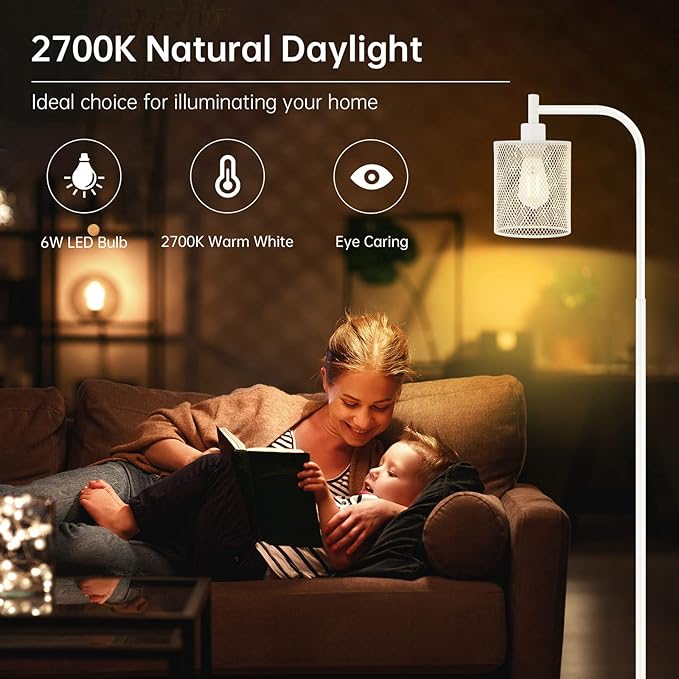 BoostArea White Industrial Floor Lamp, 67 Inch Modern Standing Lamp with Iron Mesh Lampshade, 6W LED Stand Up Lamp for Living Room, Bedroom, Office, Den - LeafyLoom
