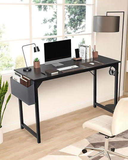 JHK Computer Desk Office 63 Inch Writing Work Kids Study Simple Wooden Table for Home Bedroom Modern Style with Headphone Hooks & Storage Bag, Black - LeafyLoom