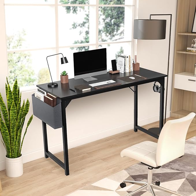 JHK Computer Desk Office 63 Inch Writing Work Kids Study Simple Wooden Table for Home Bedroom Modern Style with Headphone Hooks & Storage Bag, Black - LeafyLoom