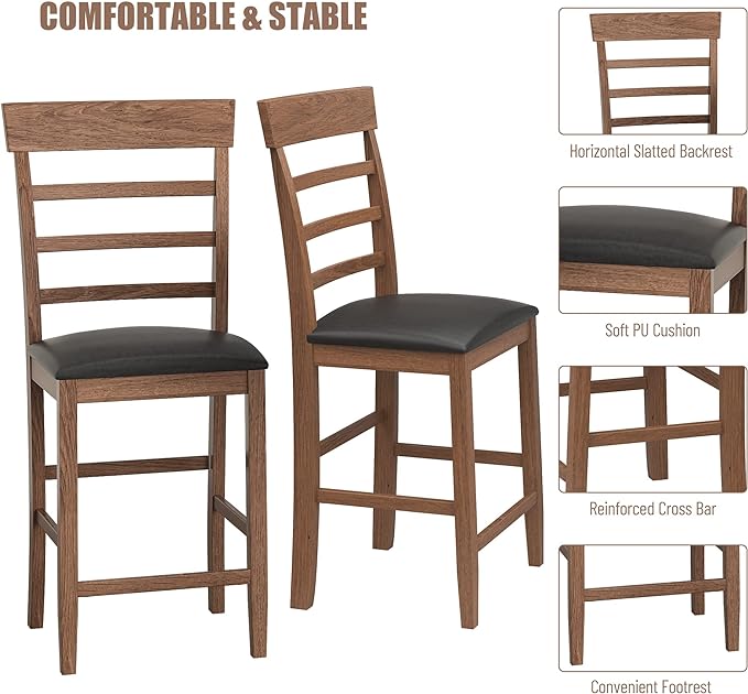 NicBex Small Dining Table for 2 Breakfast Nook Table Set 3Pcs Retro Round Counter Height Drop-Leaf Table with 2 Upholstered Chairs Dining Table Set Pub Set for Small Space Kitchen, Walnut - LeafyLoom