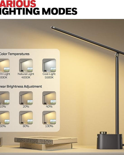 Honeywell Sunturalux™ LED Desk Lamp with USB Charging Ports HWT-H01 - Stepless Dimmable Eye Caring Desk Light for Home Office Bedroom Bedside College Dorm, Foldable Table Lamp Reading Lamp Black - LeafyLoom