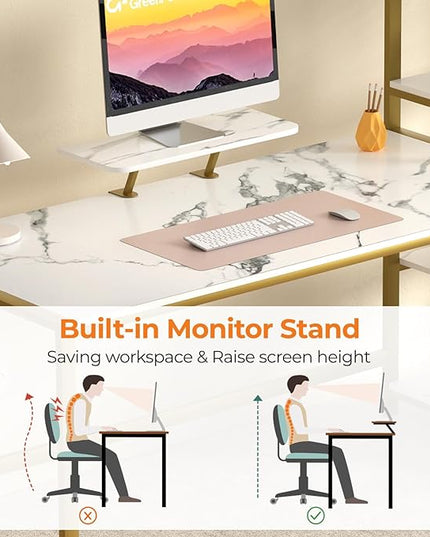 GreenForest Computer Desk with Storage Printer Shelf, 67 inch Home Office Vanity Desk with Movable Monitor Stand and 2 Headphone Hook for PC Makeup Writing Study, White and Golden - LeafyLoom