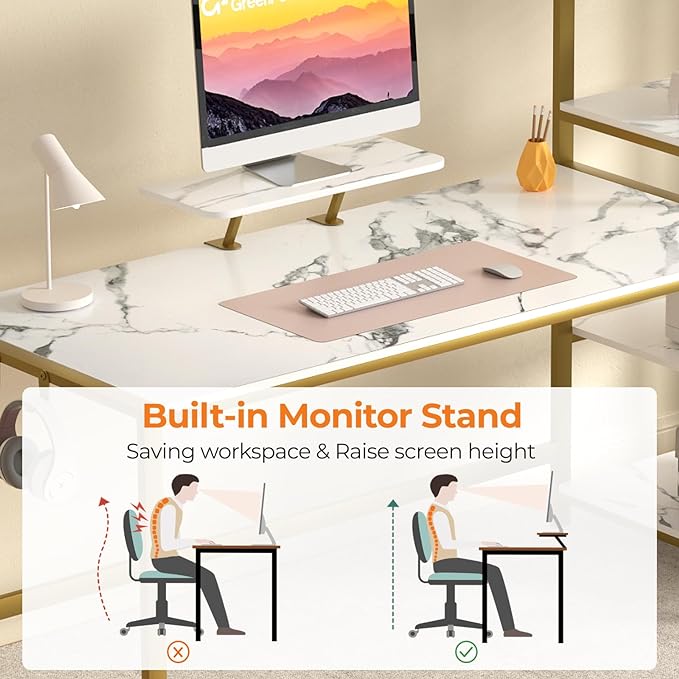 GreenForest Computer Desk with Storage Printer Shelf, 67 inch Home Office Vanity Desk with Movable Monitor Stand and 2 Headphone Hook for PC Makeup Writing Study, White and Golden - LeafyLoom
