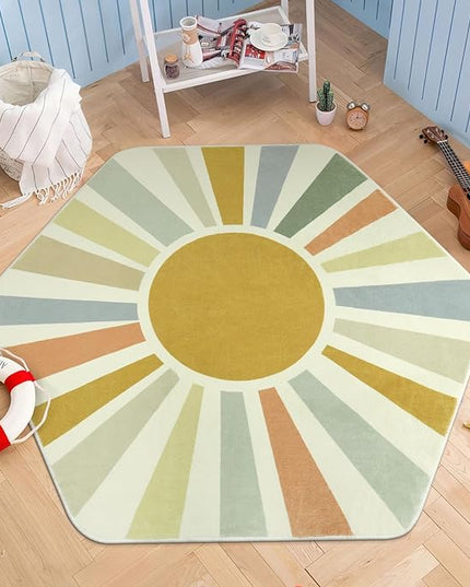 Boho Washable Rug for Kids Room Playroom, 4'x 4'7" Colorful Sun Nursery Rug for Girls Boys, Ultra Soft Non-Slip Sunshine Carpet Small Play Rug for Classroom Reading Corner Dorm - LeafyLoom