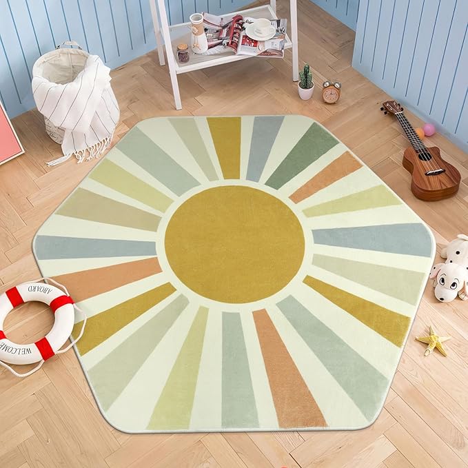 Boho Washable Rug for Kids Room Playroom, 4'x 4'7" Colorful Sun Nursery Rug for Girls Boys, Ultra Soft Non-Slip Sunshine Carpet Small Play Rug for Classroom Reading Corner Dorm - LeafyLoom