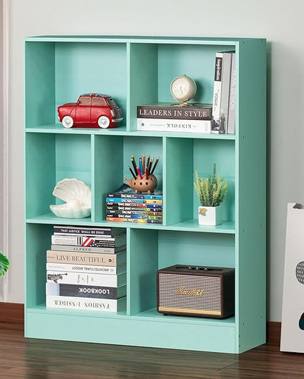 LEYAOYAO 7 Cube Bookshelf with Base,3 Tier Modern Mint-Green Kids Bookcase,Standing Wide Bookshelves Storage Organizer Toy Shelf,Wood Display Children's Book Shelves for Bedroom,Living Room,Nursery - LeafyLoom