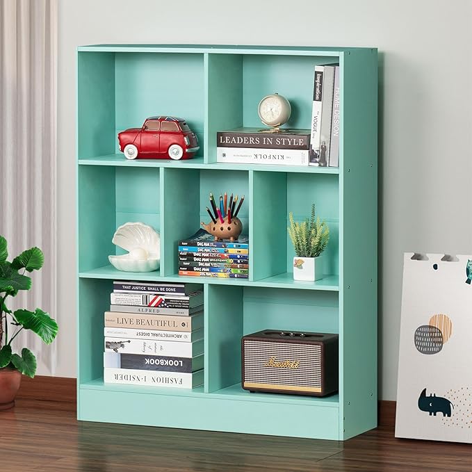 LEYAOYAO 7 Cube Bookshelf with Base,3 Tier Modern Mint-Green Kids Bookcase,Standing Wide Bookshelves Storage Organizer Toy Shelf,Wood Display Children's Book Shelves for Bedroom,Living Room,Nursery - LeafyLoom