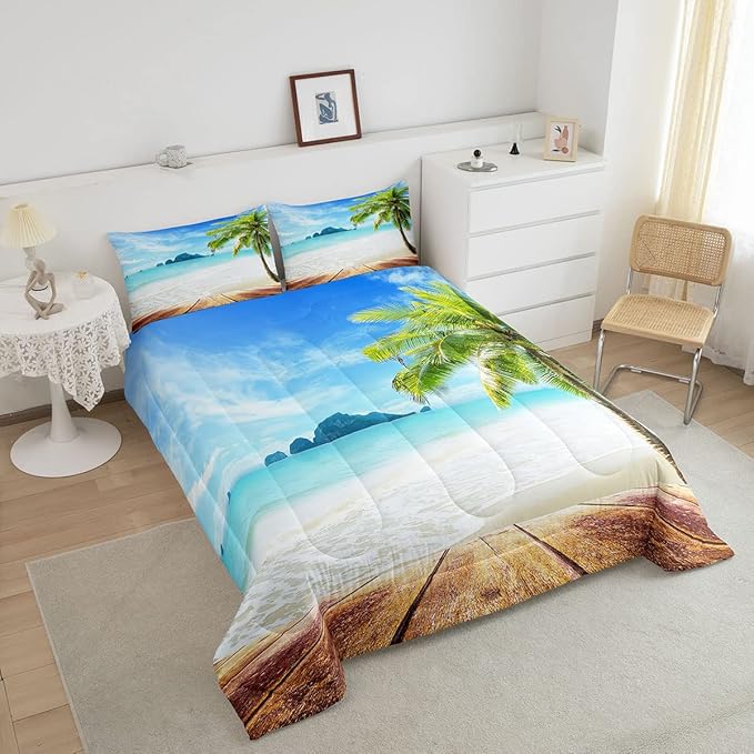 Beach Comforter Set Twin Size Ocean Bedding Set Tropical Palm Tree Hawaii Ocean Duvet Set Sunny Beach Coastal Nature Theme Duvet Set Sea Wave Mountain Brown Wooden Comforter Set 1 Pillowcase, Blue - LeafyLoom