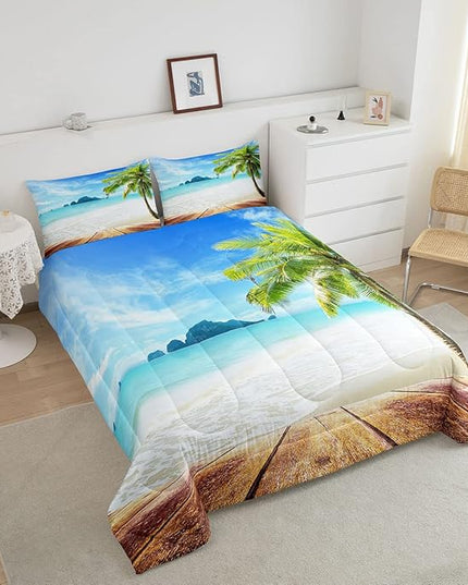 Beach Comforter Set Queen Size Ocean Bedding Set Tropical Palm Tree Hawaii Ocean Duvet Set Sunny Beach Coastal Nature Theme Duvet Set Sea Wave Mountain Brown Wooden Comforter Set 2 Pillowcases, Blue - LeafyLoom