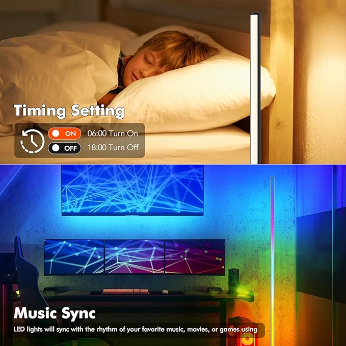 Corner Floor Lamp, 65” LED Smart Modern Music Sync Color Changing RGB Floor Lamp with Remote & App Control for Bedroom, Corner Lamp with 16 Million DIY Modes, Timer Setting for Gaming Room - LeafyLoom