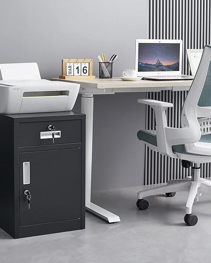 File Cabinet with Lock, Under Desk Locking Cabinet,Filing Cabinet for Home Office,Metal Filing Cabinet,Printer Stand Cabinet (Black) - LeafyLoom