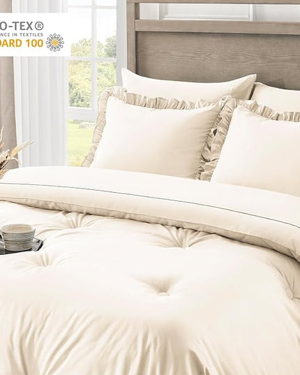 Queen Bed in a Bag 7 Pieces Comforter Set Queen, Ruffle Shabby Chic Bedding Comforter Set Birch Bed Set with Comforter, Pillowcases, Flat Sheet, Fitted Sheet and Pillow Shams - LeafyLoom