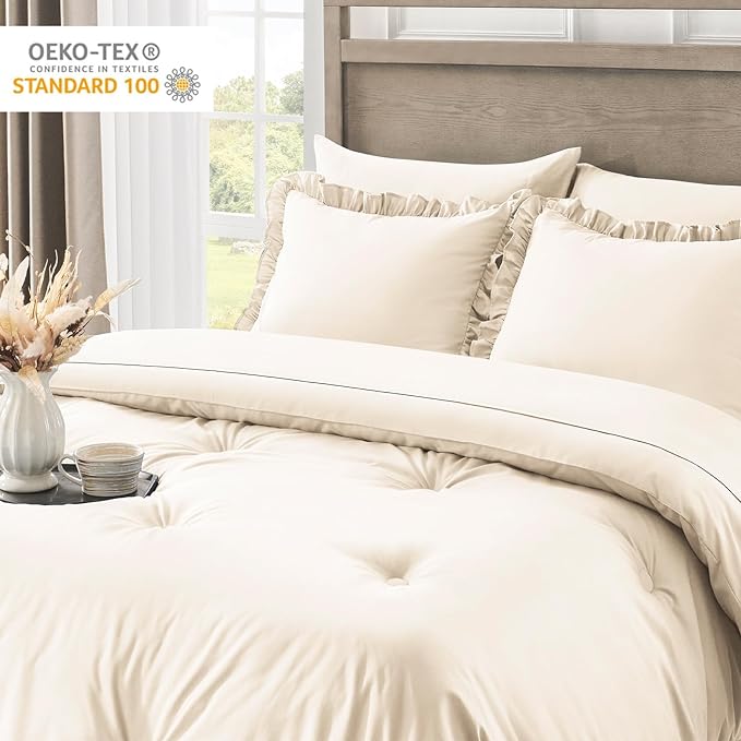 Full Bed in a Bag 7 Pieces Full Size Comforter Set, Ruffle Shabby Chic Bedding Comforter Set Birch Bed Set with Comforter, Pillowcases, Flat Sheet, Fitted Sheet and Pillow Shams - LeafyLoom