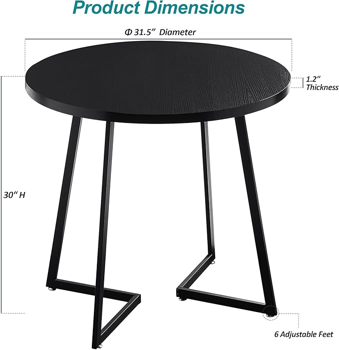 VECELO Round Dining Table with Steel Frame for 2-4 People, Space Saving for Home, Kitchen, Apartment, Black - LeafyLoom