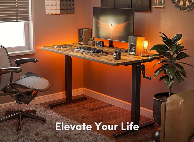 FEZIBO Crank Height Adjustable Desk, 40 Inches Manual Standing Desk, Writing Table with Handle, Home Office Desk with Black Frame/Rustic Brown Top - LeafyLoom