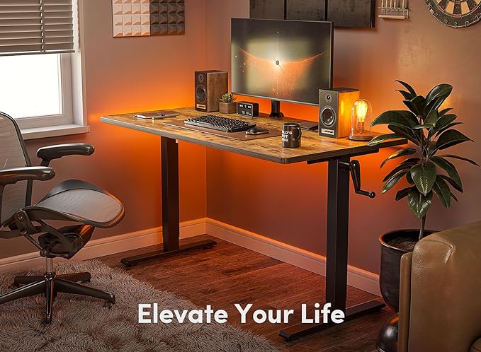 FEZIBO Crank Height Adjustable Desk, 48 Inches Manual Standing Desk, Writing Table with Handle, Home Office Desk with Black Frame/Rustic Brown Top - LeafyLoom