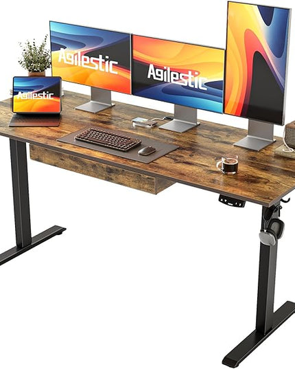 Adjustable Height Electric Standing Desk with Storage Wooden Drawer, 63 x 24 Inches Stand Up Home Office Computer Gaming Table with Splice Board for Work Office Home, Rustic Brown - LeafyLoom